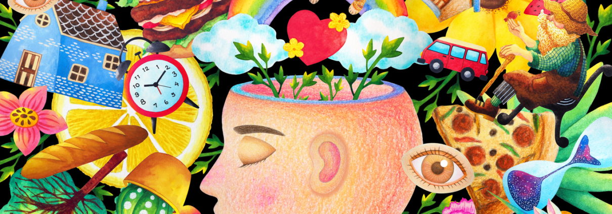 graphic of a person's head with all of the beautiful thoughts pouring out